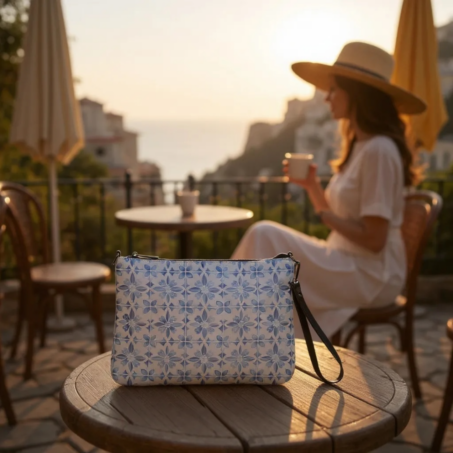 Blue Italian Tile Crossbody Bag – Elegant Shoulder & Wristlet Handbag